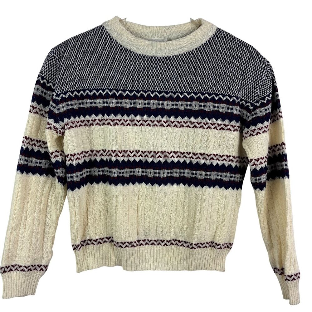 Vintage Mens Sweater M  fair isle blue white burgundy Nordic Acrylic 80s unisex